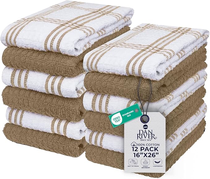 DAN RIVER Premium Kitchen Towels - [Pack of 12] 100% Cotton (16x 26 Inches) -Super Soft,Highly Absorbent, Quick Dry, Dish Towels for Kitchen Towels -Tan