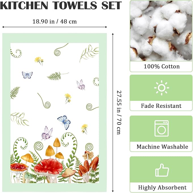 Spring Summer Mushroom Tea Towels, Cotton Kitchen Towel 18.9 × 27.5 inch, Quick Drying Dish Cloth for Party Anniversary Holiday Decoration, Housewarming Gifts for Mom