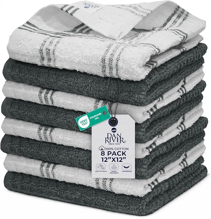 DAN RIVER Premium Dish Cloth 100% Cotton 12 X 12 Inches |Pack of 8|-Ultra Soft Tea Towels-Highly Absorbent Kitchen Rags-Terry Dishcloth for Kitchen and Household Cleaning |Grey|
