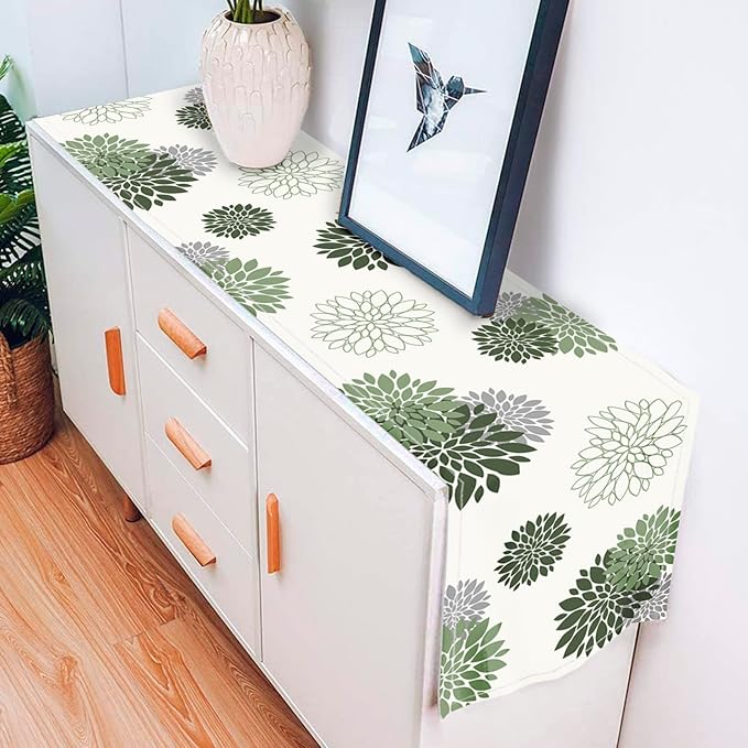 Sage Green Gray Table Runner Dahlia Pinnata Flower Beige Table Runners Modern Elegant Pompon Farmhouse Geometric Table Center Decor for Girls Room Dining Party Patio (13 x 72 Inch)
