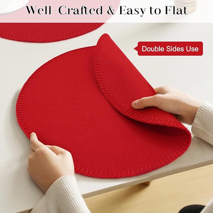 Round Placemats Set of 6, 15 Inch Linen Fabric Table Placemats, Heat Resistant, Wrinkle Free Washable Placemats Kitchen Place Mats Set of 6 for Dining Table Party Table (Red, 6)