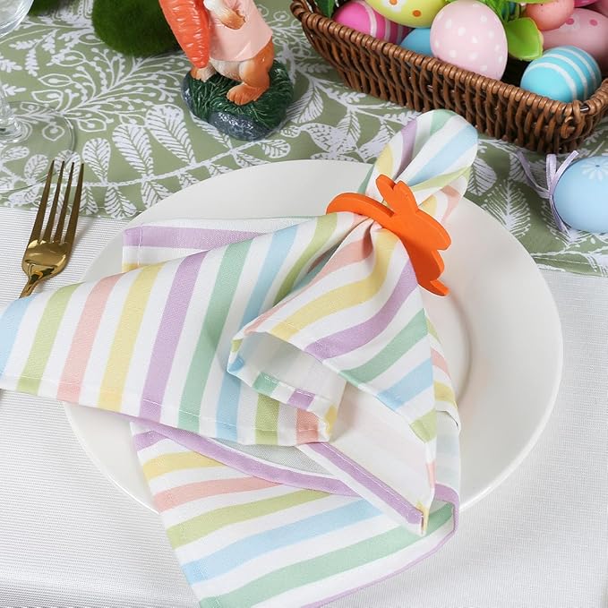 Cloth Napkins with Rings, Set of 12, 6 Stripe Napkins, 6 Wooden Napkin Rings in Buuny Shape, Easter and Spring Table Decorations,Washable Cloth Napkins,Iron Free,Easy Care, Durable,Reusable.