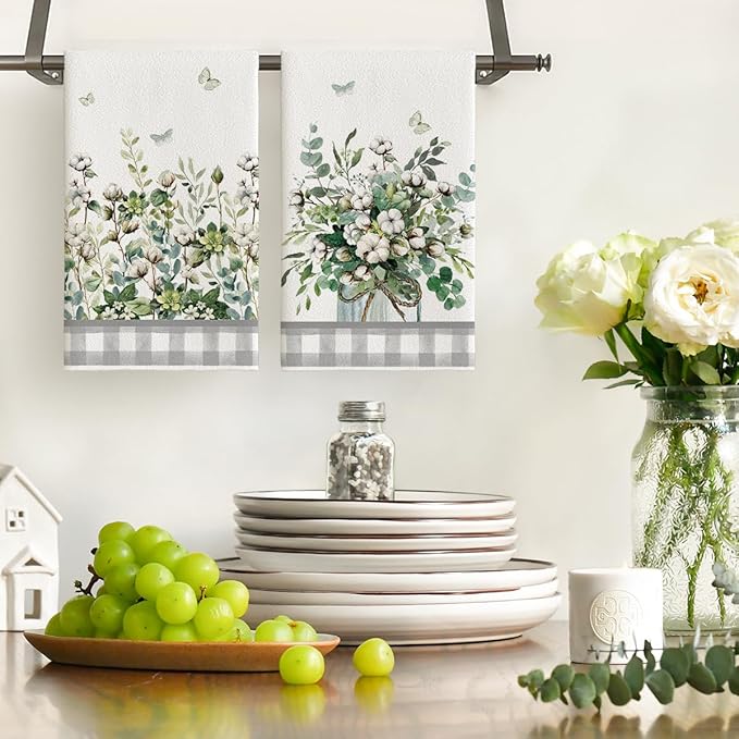 Artoid Mode Buffalo Plaid Butterfly Vase Spring Kitchen Towels Dish Towels, 18x26 Inch Farmhouse Summer Decoration Cleaning Set of 2