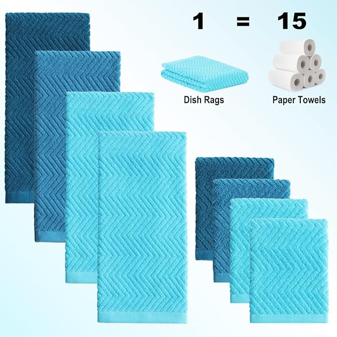 100% Cotton Kitchen Towels and Dishcloths Set, Pack of 8 Super Absorbent 16" x 25" Kitchen Towels and 13" x 13" Dish Cloths (400 GSM)