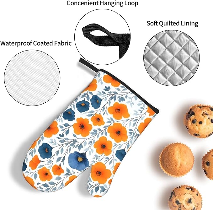 Spring Orange Blue Floral Oven Mitts and Pot Holders Sets of 3, Heat Resistant Non-Slip Burnt Orange Navy Flowers Kitchen Gloves Hot Pads for Cooking BBQ Grilling, Chef Baking Gifts for Women Baker