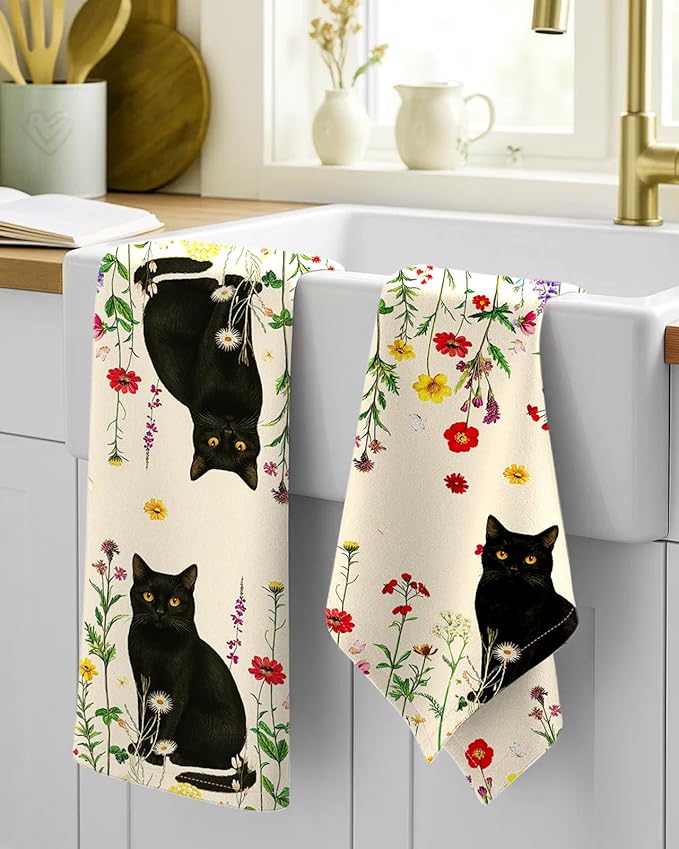 Miss Adola Flour Sack Kitchen Towels Set of 2-18x26 Cotton Dish Towels with Hanging Loop Reusable Tea Towel for Cleaning Spring Absorbent Dishcloths Cute Home Decor Housewarming, Retro Cats Floral