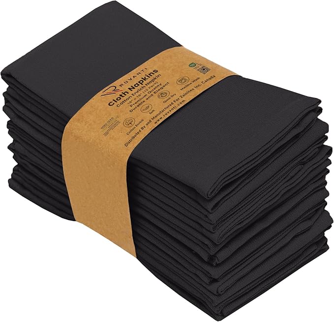 Ruvanti Cloth Napkins set of 12, 18x18 Inches Napkins Cloth Washable, Soft, Durable, Absorbent, Cotton Blend. Table Dinner Napkins Cloth for Hotel, Lunch, Restaurant, Weddings, Events, Parties - Black