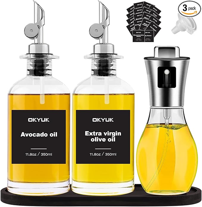 OKYUK Olive Oil Dispenser Bottle & Oil Sprayer for Cooking, Oil and Vinegar Dispenser Set, with Bamboo Tray, 20 Labels, Coffee Syrup Dispenser Oil Bottles for Kitchen