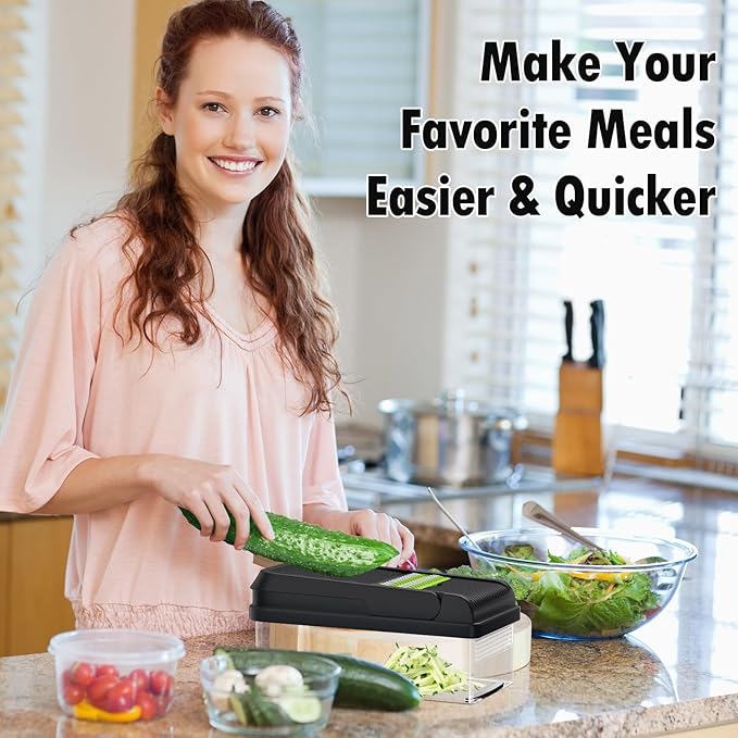 SpaceHacks 12-in-1 Vegetable Chopper, Kitchen Gadgets with 7 Blades, Veggie, Food, Onion Chopper, Cucumber Slicer, Versatile Mandoline, Includes Egg Separator & Finger Guard, Green