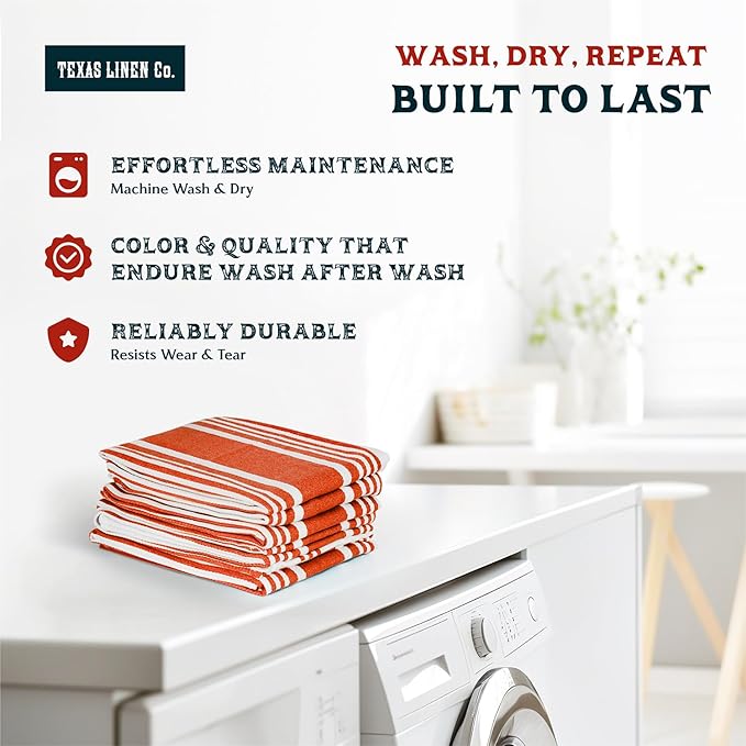 TEXAS LINEN CO. American Stripe Kitchen Towels 100% Cotton Pack of 6, Highly Absorbent Quick Drying, Soft Dish Towels 20x30 Inch for Kitchen w Hanging Loop, Hand & Tea Towel - Orange & White Striped