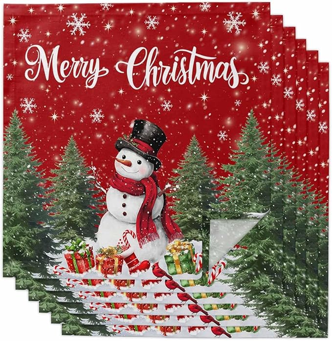 Snowman Red Cloth Napkins Set of 6 - Christmas Tree Washable Dinner Napkins Snowflake Winter Xmas Pine Table Reusable Napkin for Home Party Wedding Dining Table Setting Decoration, Oversized 20"x20"