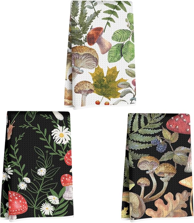 3Pcs Mushroom Kitchen Towels 24x14 Inch, Absorbent Microfiber Dish Towels, Snail Floral Waffle Weave Hand Tea Towels for Kitchen Home Bathroom Farmhouse Decor, Cute Mushroom Gifts for Women Mom