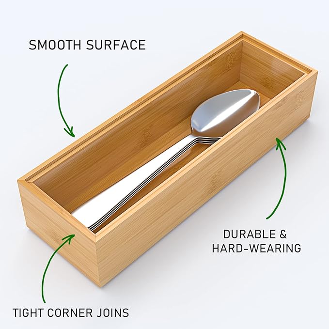 VeyFey Silverware Tray for Drawer, Stackable Kitchen Bamboo Drawer Organizer 9" x 3" x 2" Set of 2