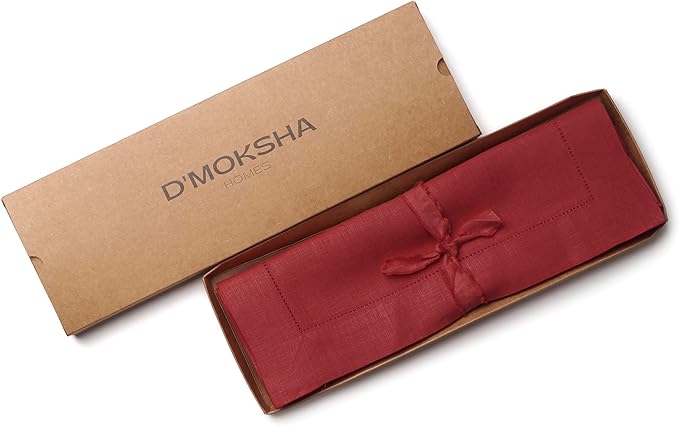 D'Moksha Homes Red Linen Placemats Set of 4 - Classic Hemstitch Placemats 14 x 19 Inch - 100% Pure Linen Table Mats for Mothers Day, Spring - Handcrafted and Machine Washable