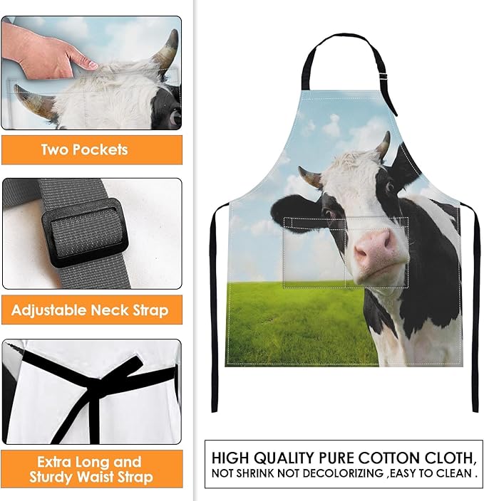 Britimes Apron Home Kitchen Waterproof Cooking Baking Gardening for Women Men With Pockets Funny Cow On Green Grassland 32x28 inch