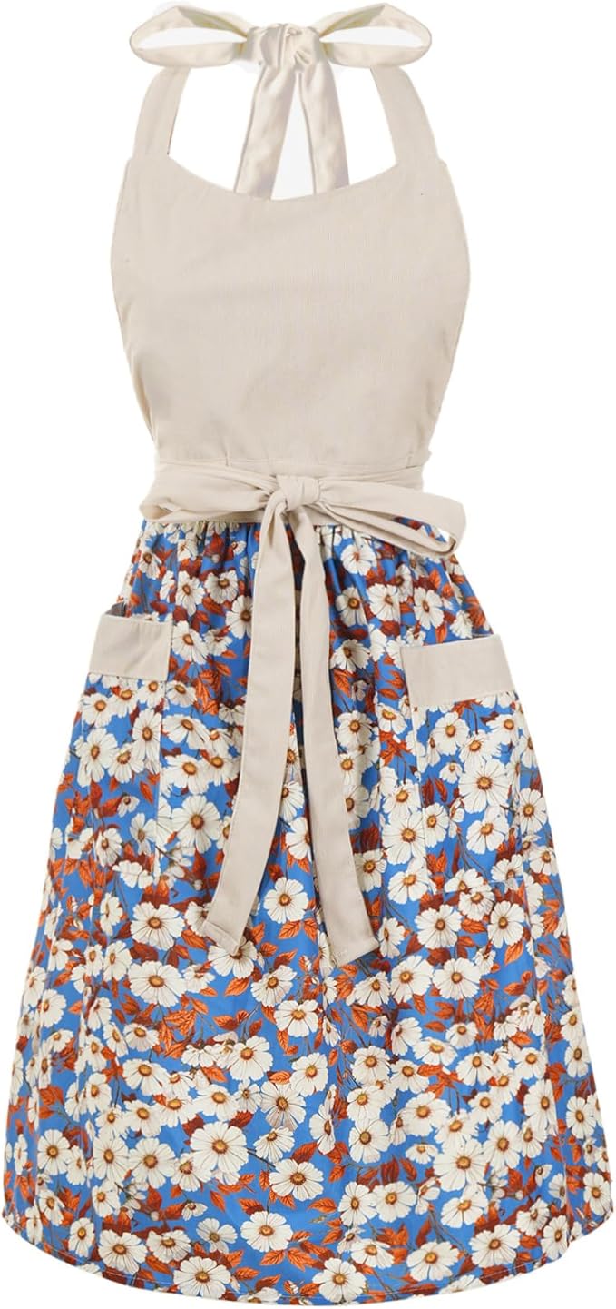 Cute Floral Aprons for Women with Pockets,Cotton Adjustable Neck Strap Apron for Kitchen Cooking Baking Gardening