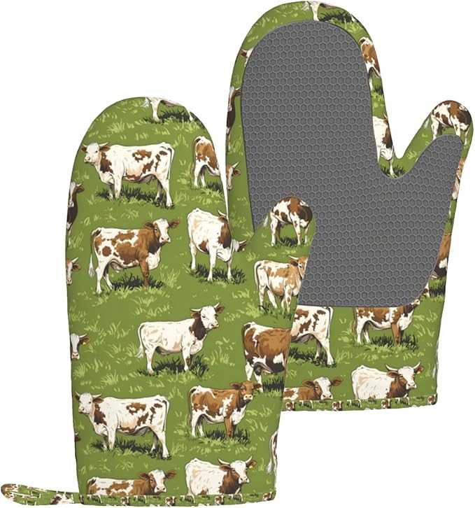 Farm Cow Silicone Oven Mitts Set of 2, Heat Resistant up to 500°F, Kitchen Oven Gloves with Non-Slip Grip and Soft Cotton Lining for Baking, Cooking and BBQ