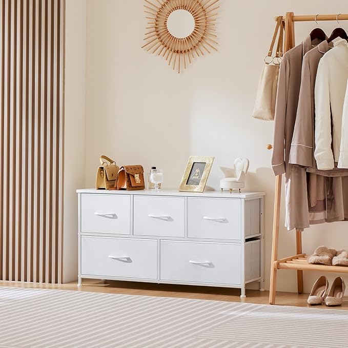 OLIXIS Dresser for Bedroom with 5 Drawers, Wide Chest of Drawers, Fabric Bedroom Dresser with Drawer Organizers, Storage Organizer Unit with Fabric Bins for Closet, Living Room, Hallway, Classic White