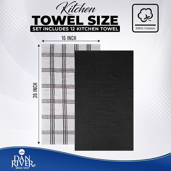 DAN RIVER Premium Kitchen Towels - [Pack of 12] 100% Cotton (16x 26 Inches) -Super Soft,Highly Absorbent, Quick Dry, Dish Towels for Kitchen Towels -Black