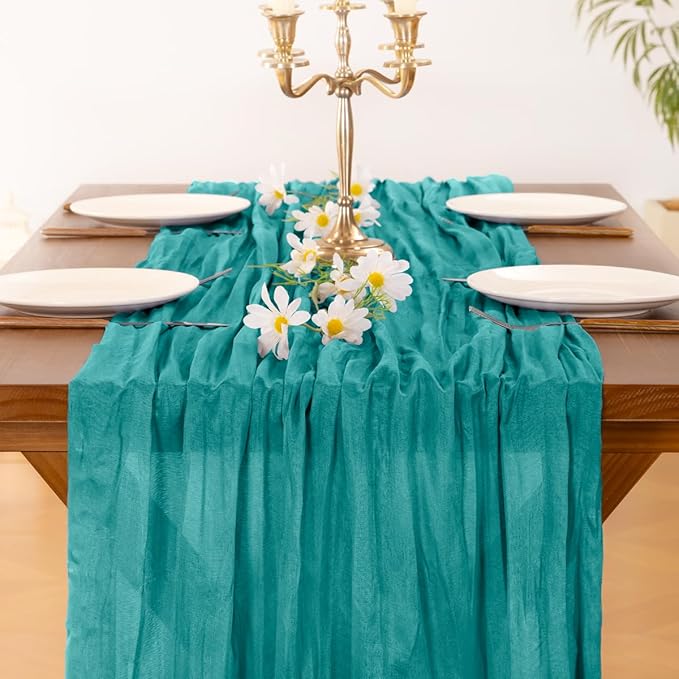 Socomi Teal Blue Easter Spring Cheesecloth Table Runner Boho Rustic Gauze 120 inch 10FT Cheese Cloth Runner for Wedding Party Baby Shower Birthday Home Decor