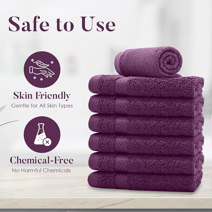 DAN RIVER 12-Pack Premium 100% Cotton Purple Passion Face Towels for Bathroom - Reusable Face Wash Cloths for Showering 12 X 12 Inches - 550 GSM Super Soft & Absorbent Luxury WashCloths for Body & Spa