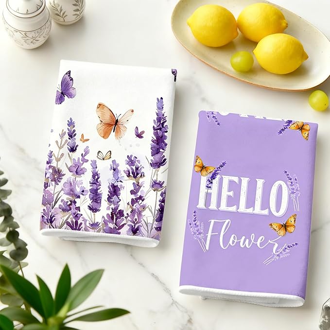 4Pcs Purple Lavender Kitchen Towels-16×24in Spring Floral Dish Towels, Super Absorbent Flower Holiday Decor Hand Towels for Kitchen Bathroom Home Easter Mother‘s Day Gifts