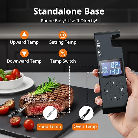 AIRMSEN Wireless Meat Thermometer, 500ft Long Range Cordless Meat Thermometer with Smart LCD Display Standalone Base, High Precision 5.4 Bluetooth with APP & Zirconia Ceramic Handle for BBQ Grill