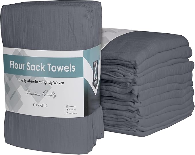ZOYER Flour Sack Towels 28" x 28", 12 Pack - 100% Cotton Dish Towel - Machine Washable TeaTowels, Ultra Absorbent BarTowels, Dish Cloth Perfect for Drying Dishes & Cleaning - Grey