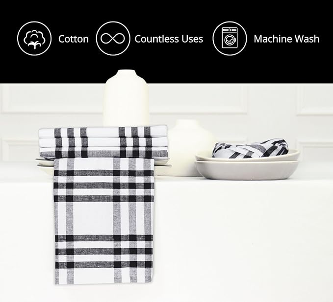 PurpleEssences Homestead Plaid Cloth Napkins - Mitered Corners - Spring Easter Summer - Check Dinner Napkin - Set of 12-100% Cotton - 18x18 Inch - Reusable Washable - Black and White