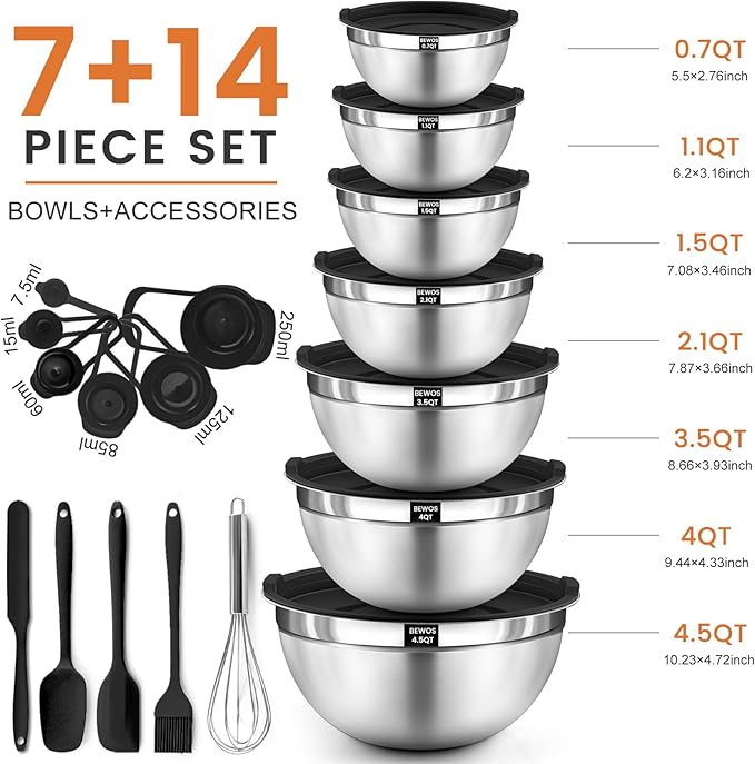 BEWOS 21 Pcs Mixing Bowls with Lids - 7 Stainless Steel Bowls, 3 Graters, 11 Practical Kitchen Accessories, Dishwasher Safe, Ideal for Baking, Meal Prep & On-the-Go, Easy to Store