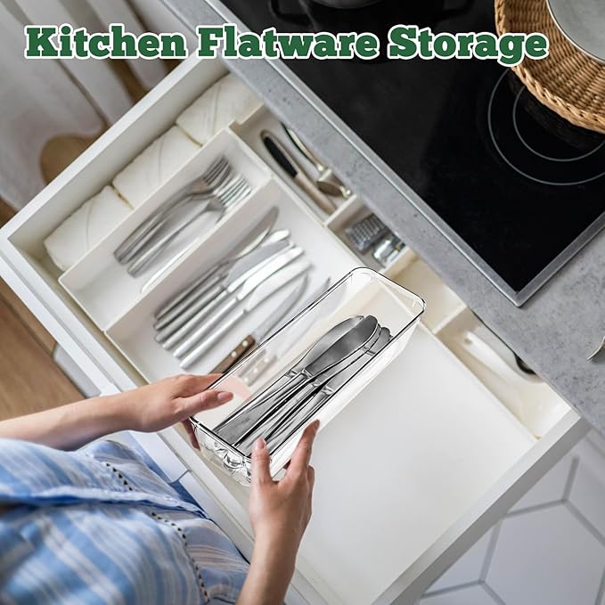 Ysglory 12 Pcs Clear Plastic Drawer Organizer 9 x 3 x 2 Inches Vanity Makeup Drawer Organizer Tray Silverware Utensil Storage Organizers Bins for Kitchen Office Desk Cosmetics and Bathrooms