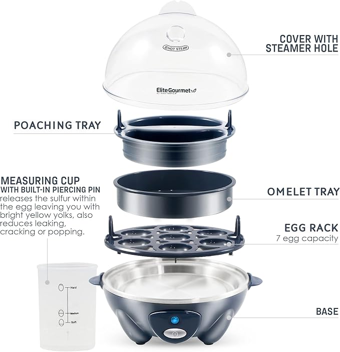 Elite Gourmet Easy Electric 7 Egg Capacity Soft, Medium, Hard-Boiled Cooker Poacher, Scrambled, Omelet Maker with Auto Shut-Off and Buzzer, BPA Free