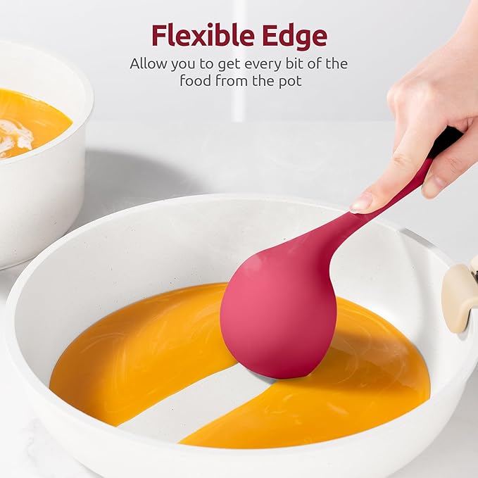 2.6oz Small Silicone Soup Ladle: U-Taste 600ºF Heat Resistant Non-Stick Kitchen Deep Serving Spoon, Soft Cooking Utensil with Non-Slip Solid Handle for Mixing Sauce Stew Gravy (11in, Red)