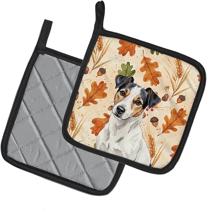 Caroline's Treasures White with Black Markings Russell Terrier Heirloom Fall Pair of Pot Holders Pair 7.5x7.5 Quilted Insulated Hot Pads Decorative Kitchen Gift Made in USA