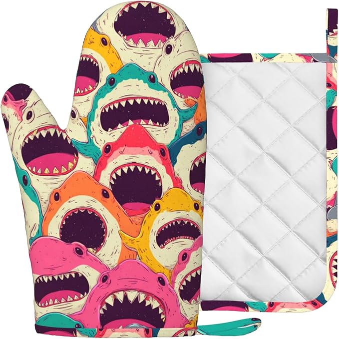 Colorful Shark Oven Mitts and Pot Holders Sets Angry Sharks Non-Slip Silicone Surface for BBQ Gloves,Kitchen,Cooking,Baking,Grilling