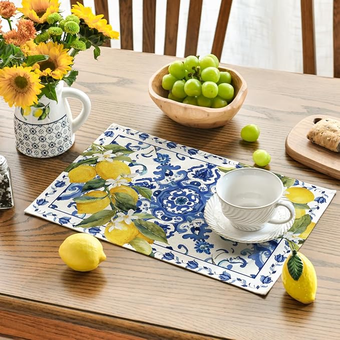 Artoid Mode Lemon Blue and White Porcelain Summer Placemats Set of 4, 12x18 Inch Vanilla Holiday Table Mats for Party Kitchen Dining Decoration