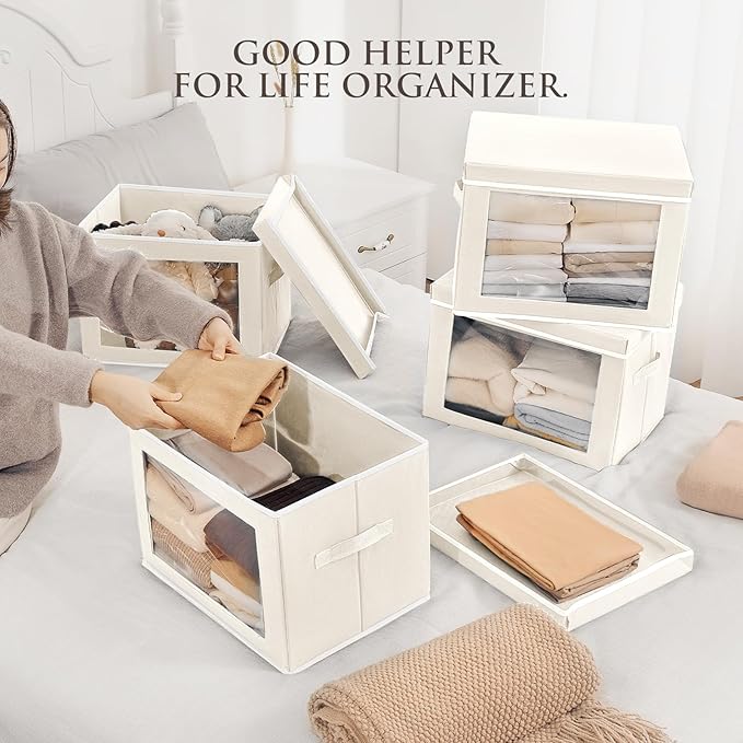 Homsorout Storage Bins with Lids, 3 Pack Large Storage Cubes with Window, Closet Bins with Lids & Handles, Fabric Box for Organizing Clothes, Towels, Books, Beige