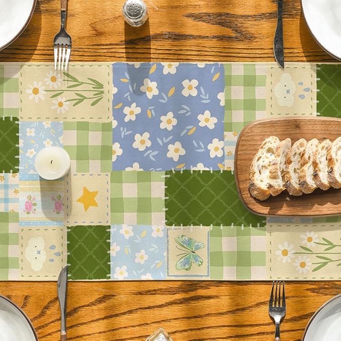 Artoid Mode Patchwork Buffalo Plaid Floral 210 GSM Spring Table Runner, Seasonal Summer Kitchen Dining Table Decoration for Home Party Decor 13x48 Inch