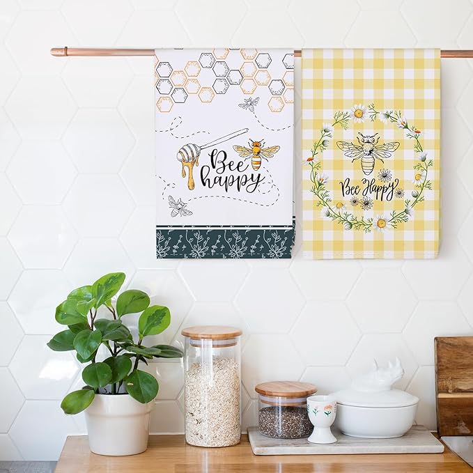Spring Summer Honeybee Tea Towels, Cotton Kitchen Towel 18.9 × 27.5 inch, Quick Drying Dish Cloth for Party Anniversary Holiday Decoration, Housewarming Gifts for Mom