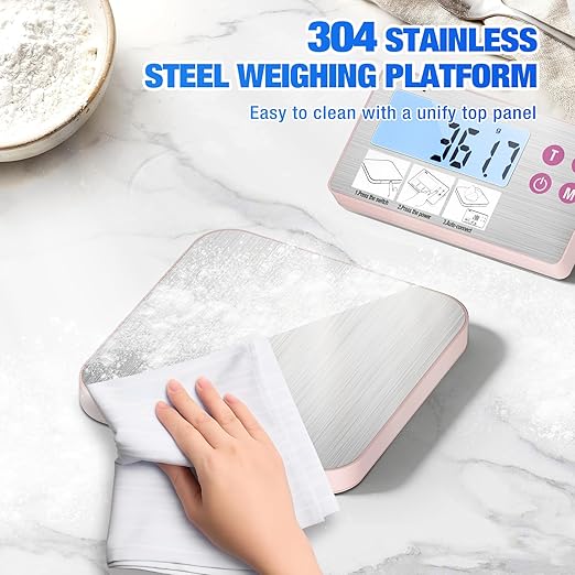 33lb Rechargeable Kitchen Scale, Diyife 304 Stainless Steel Food Scale with Detachable Display, 1g/0.1oz Precise Graduation, Magnetic, Backlit LCD, Tilt Stand, for Baking, Cooking, Meal Prep (Pink)