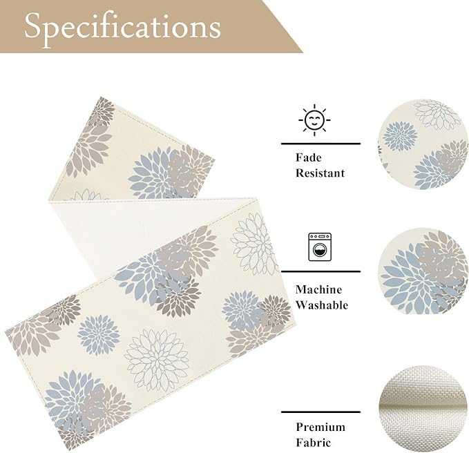 Light Blue Grey Table Runner Wild Dahlia Pinnata Flower Table Runners Modern Elegant Pompon Farmhouse Geometric Table Center Decor for Home Dining Party Entrance Patio (13x48 Inch)