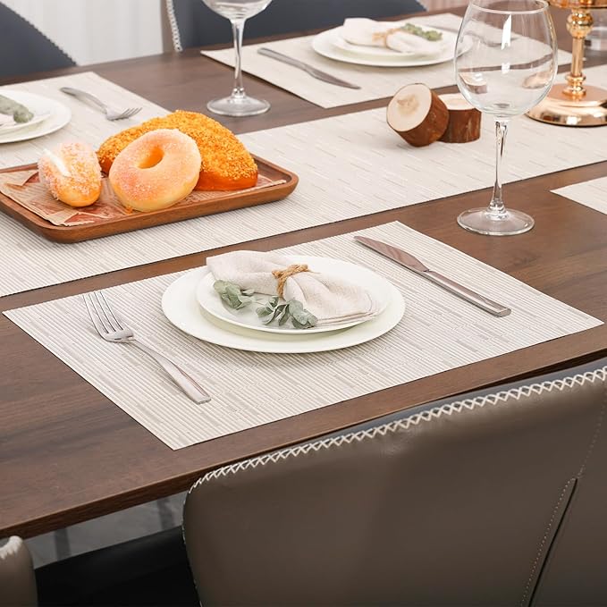 Myir JUN Placemats Set of 6, Vinyl Woven Placemats Place Mats Indoor Washable Table Mats Non-Slip Place mats for Dining Table (B-Off White, Set of 6)