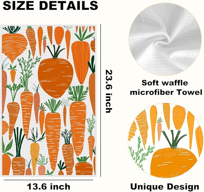 3Pcs Vegetables Kitchen Towels 24x14 Inch, Carrot Garlic Eggplant Decor Microfiber Dish Cloth Tea Towel, Waffle Absorbent Hand Towels for Kitchen Farmhouse Decor, Housewarming Gifts for Women Mom