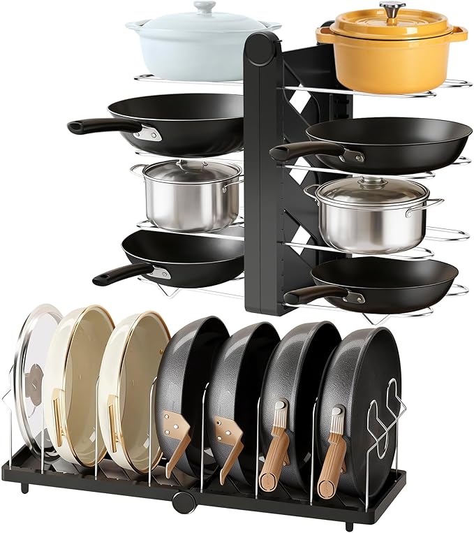 CEHNCEH Foldable Pots and Pans Organizer Under Cabinet 28.5" L x 9.1" W x 9.9" H Expanded, Folds Flat Adjustable 8-Tier Stainless Steel Dividers Kitchen Cabinet Cookware Baking Frying Rack (Black)