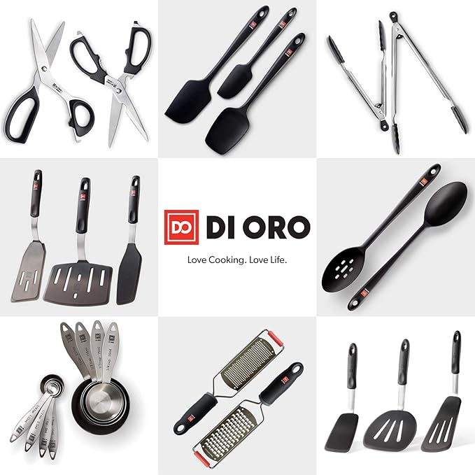 New DI ORO 9-Inch Kitchen Tongs – Stainless Steel with Non-Stick 480°F Heat-Resistant BPA Free Silicone Tips – Great Tool for Cooking, Serving, and Barbecuing - Dishwasher Safe and Easy to Clean Black