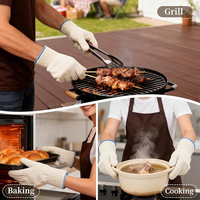 Hovico Heat Resistant Oven Gloves, Ove Glove BBQ Gloves Heat Resistant Cooking Oven Mitts with Fingers Grilling Glove, Full Hand Protection, Grill Gloves for Outdoor Hot Food Handling (Set of 2)
