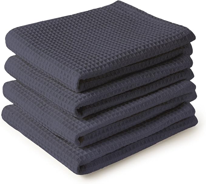 Encasa XO Kitchen Dish Towels Set | Grey | Waffle Weave and Flat Hand Tea Towel | 28"x18" | Quick Drying Reusable Cotton Washcloths | Multipurpose Lightweight Dishcloths Set of 4