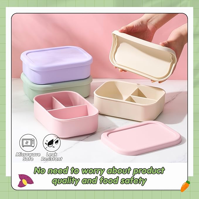 Layhit 4 Pcs Silicone Bento Box for Adults, 27 oz Bento Lunch Container Reusable 3 Compartment Lunchable Food Container for Women Men, Leak Proof Microwave Dishwasher Freezer Safe (Desaturated Colors)