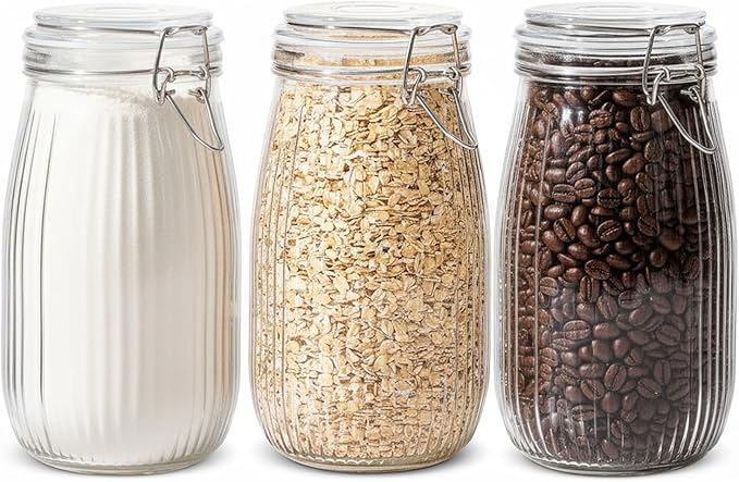 ComSaf 3pcs 50oz Ribbed Glass Jars with Airtight Clamp Lids, Large Vintage Canisters for Flour, Sugar Storage & Fermenting, Wide Mouth for Pantry Organization & Countertop Decor