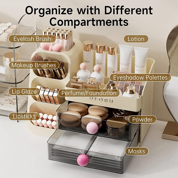 Makeup Organizer for Vanity with Brush Holder, Large Plastic Bathroom Countertop Skincare Organizer with 2 Drawers, Spacious Cosmetic Display Case for Perfumes, Eyeshadow Palettes, Nail Polishes